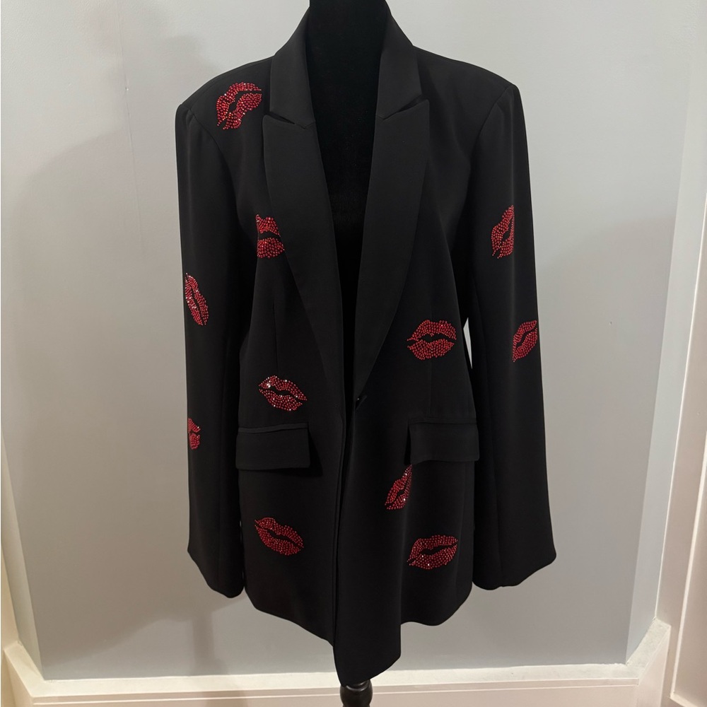 Cinq à Sept Black Blazer w/ Red Crystals Lip Print